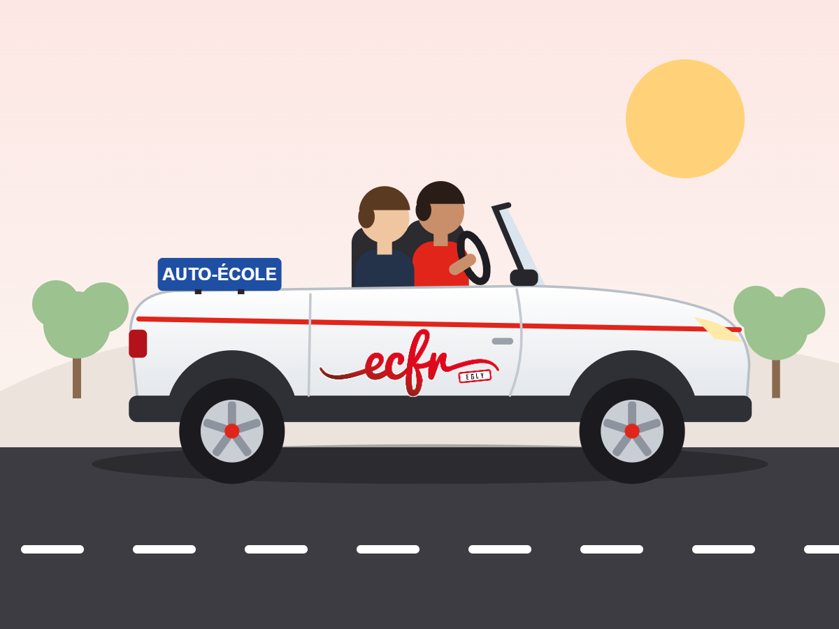 Illustration : élève et moniteur dans une voiture cabriolet de l’auto-école ECFR Égly